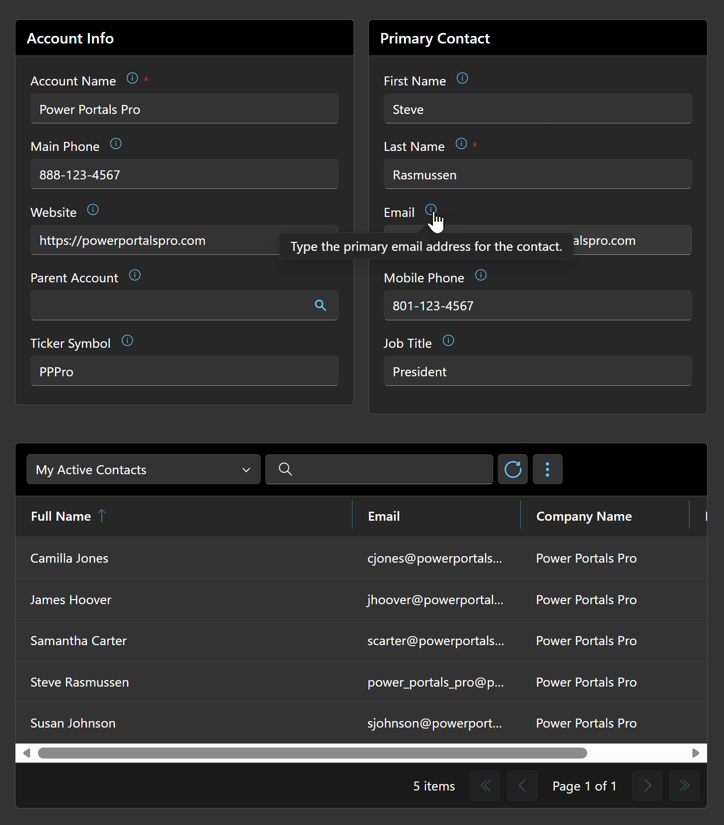 Power Portals Pro portal screenshot showing a Dataverse-backed form and sub-grid