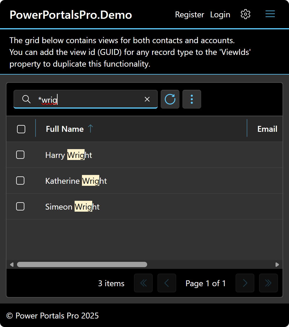 Power Portals Pro portal screenshot showing a Dataverse-backed form and sub-grid
